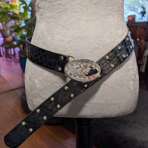 Stylish Black Crocodile Pattern Belt with Silver Studs